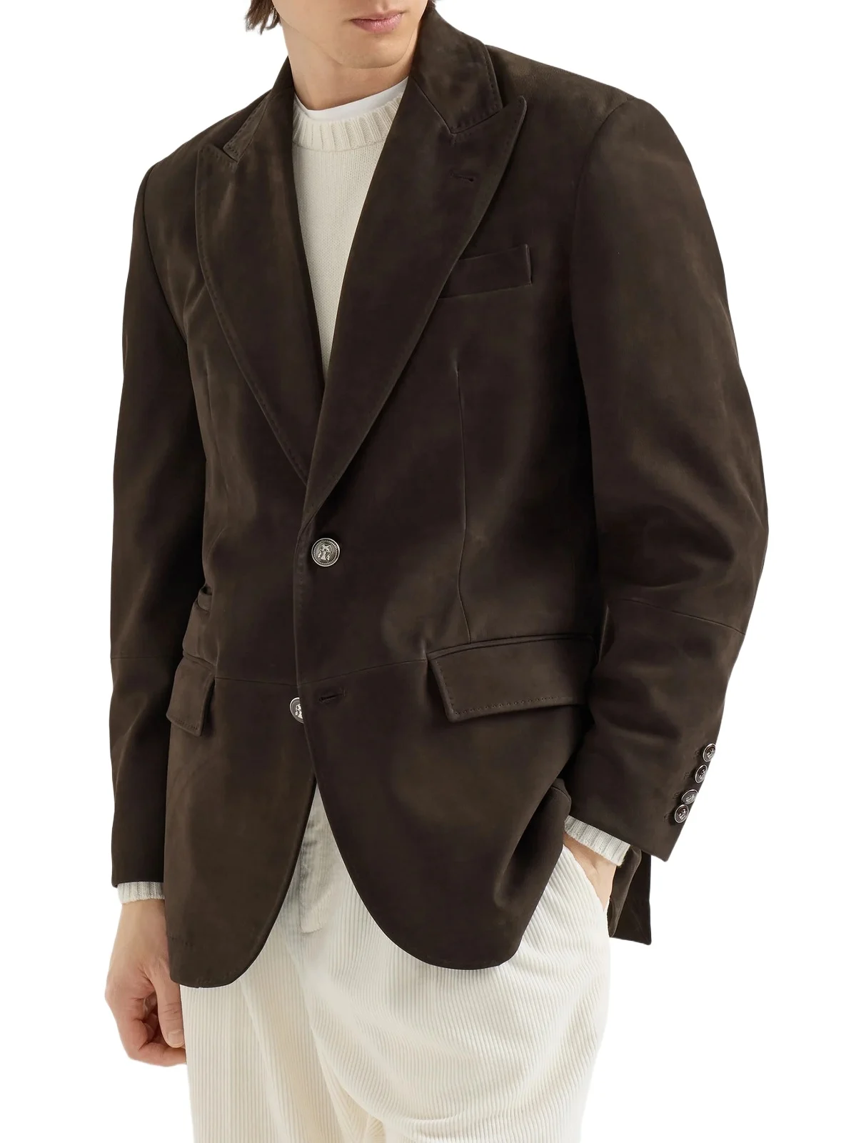Brunello Cucinelli Men's Nubuck Blazer with Peak Lapels and Metal Buttons - Brown