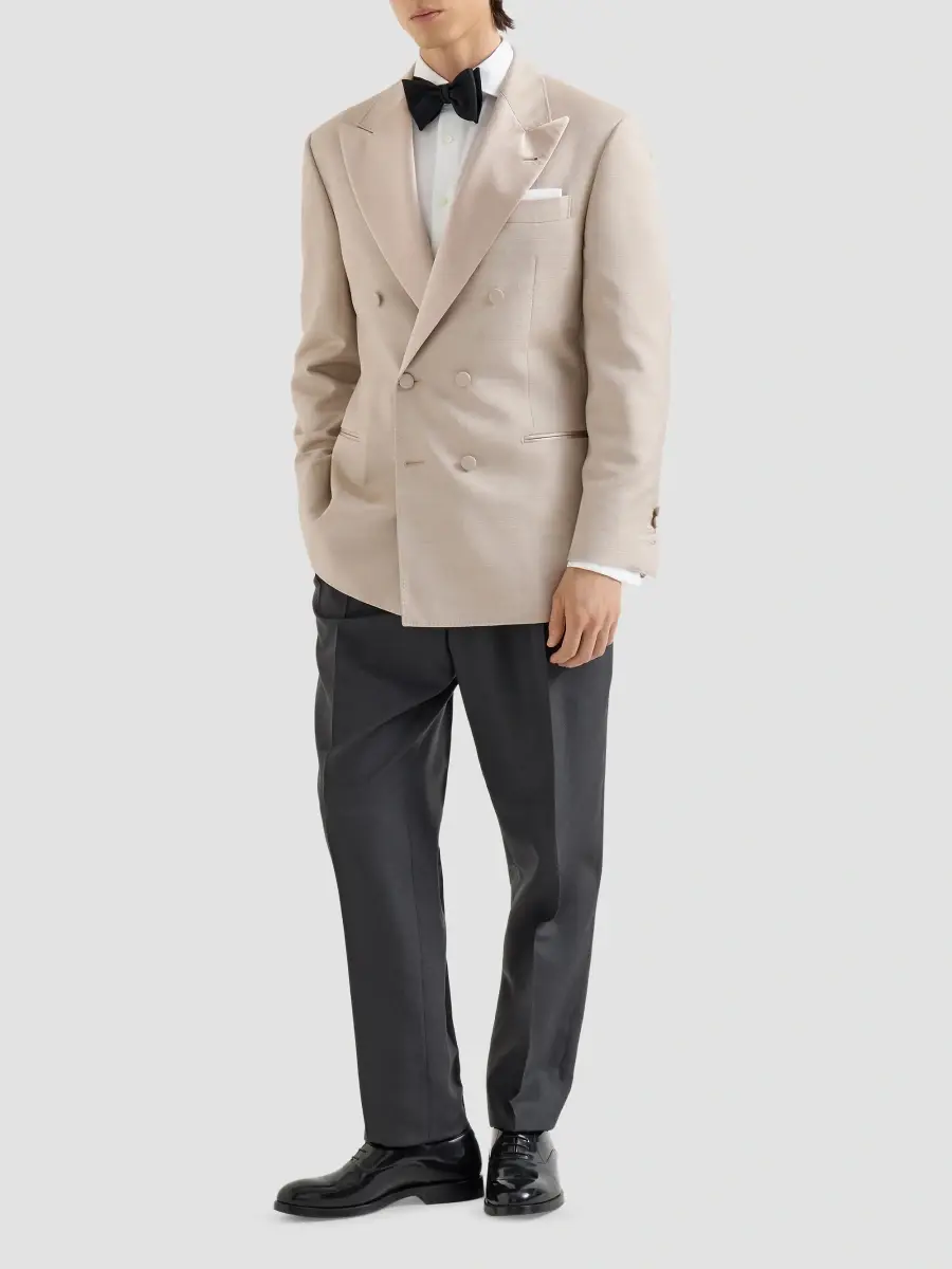 Brunello Cucinelli Men's Silk One and A Half Breasted Tuxedo Jacket with Peak Lapels - Sand | Thumbnail 2 Brunello Cucinelli Men's Silk One and A Half Breasted Tuxedo Jacket with Peak Lapels - Sand | Thumbnail 2