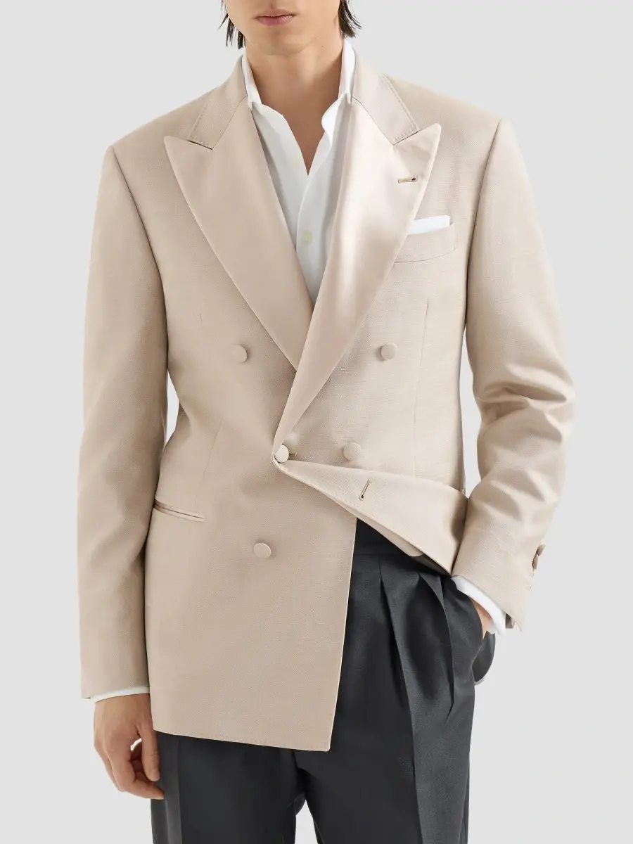 Brunello Cucinelli Men's Silk One and A Half Breasted Tuxedo Jacket with Peak Lapels - Sand | Thumbnail 3 Brunello Cucinelli Men's Silk One and A Half Breasted Tuxedo Jacket with Peak Lapels - Sand | Thumbnail 3