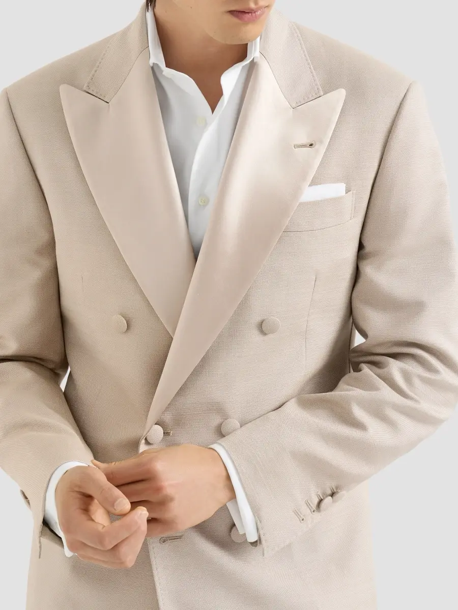 Brunello Cucinelli Men's Silk One and A Half Breasted Tuxedo Jacket with Peak Lapels - Sand | Thumbnail 5 Brunello Cucinelli Men's Silk One and A Half Breasted Tuxedo Jacket with Peak Lapels - Sand | Thumbnail 5