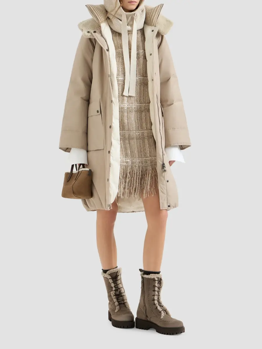 Brunello Cucinelli Women's Techno Cotton Taffeta Belted Down Coat with Detachable Shearling Hood | Thumbnail 2 Brunello Cucinelli Women's Techno Cotton Taffeta Belted Down Coat with Detachable Shearling Hood | Thumbnail 2