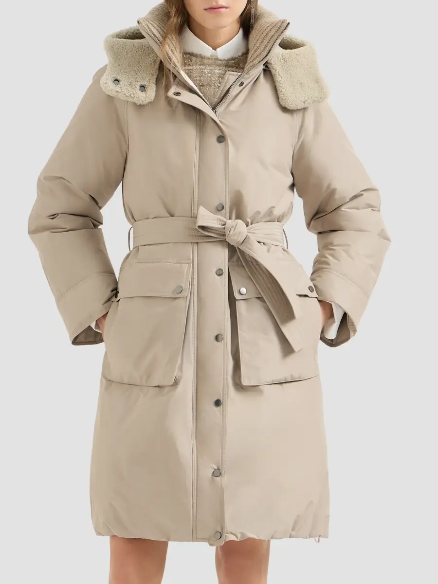 Brunello Cucinelli Women's Techno Cotton Taffeta Belted Down Coat with Detachable Shearling Hood | Thumbnail 3 Brunello Cucinelli Women's Techno Cotton Taffeta Belted Down Coat with Detachable Shearling Hood | Thumbnail 3