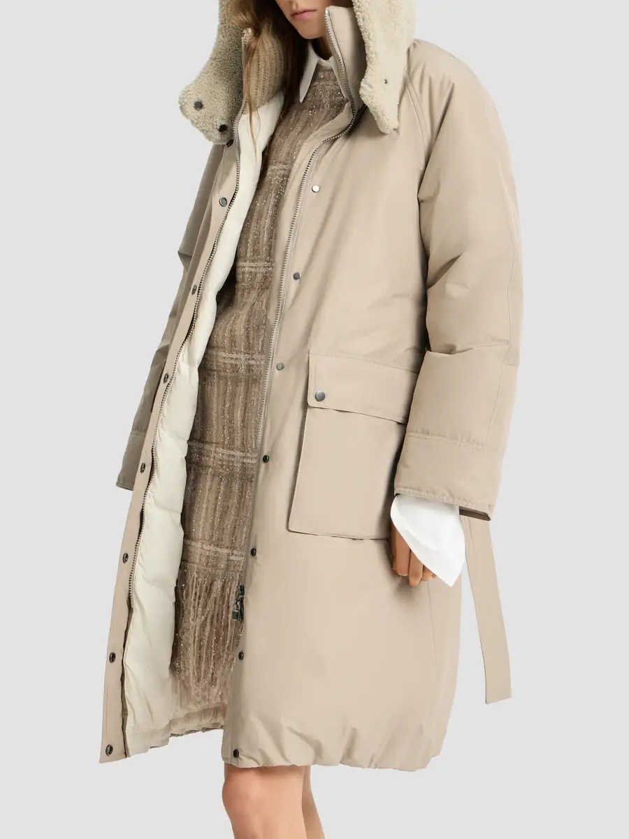 Brunello Cucinelli Women's Techno Cotton Taffeta Belted Down Coat with Detachable Shearling Hood | Thumbnail 4 Brunello Cucinelli Women's Techno Cotton Taffeta Belted Down Coat with Detachable Shearling Hood | Thumbnail 4