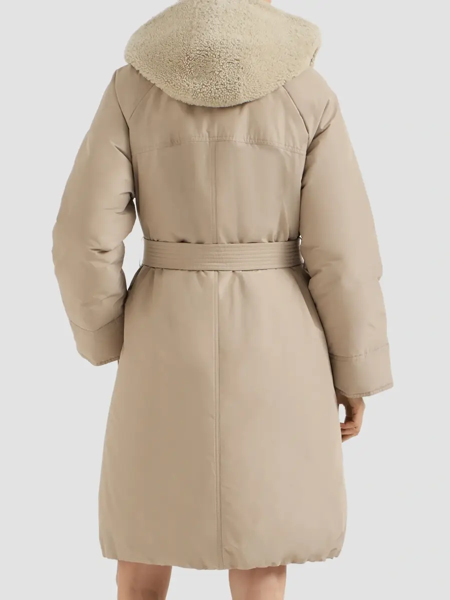 Brunello Cucinelli Women's Techno Cotton Taffeta Belted Down Coat with Detachable Shearling Hood | Thumbnail 5 Brunello Cucinelli Women's Techno Cotton Taffeta Belted Down Coat with Detachable Shearling Hood | Thumbnail 5