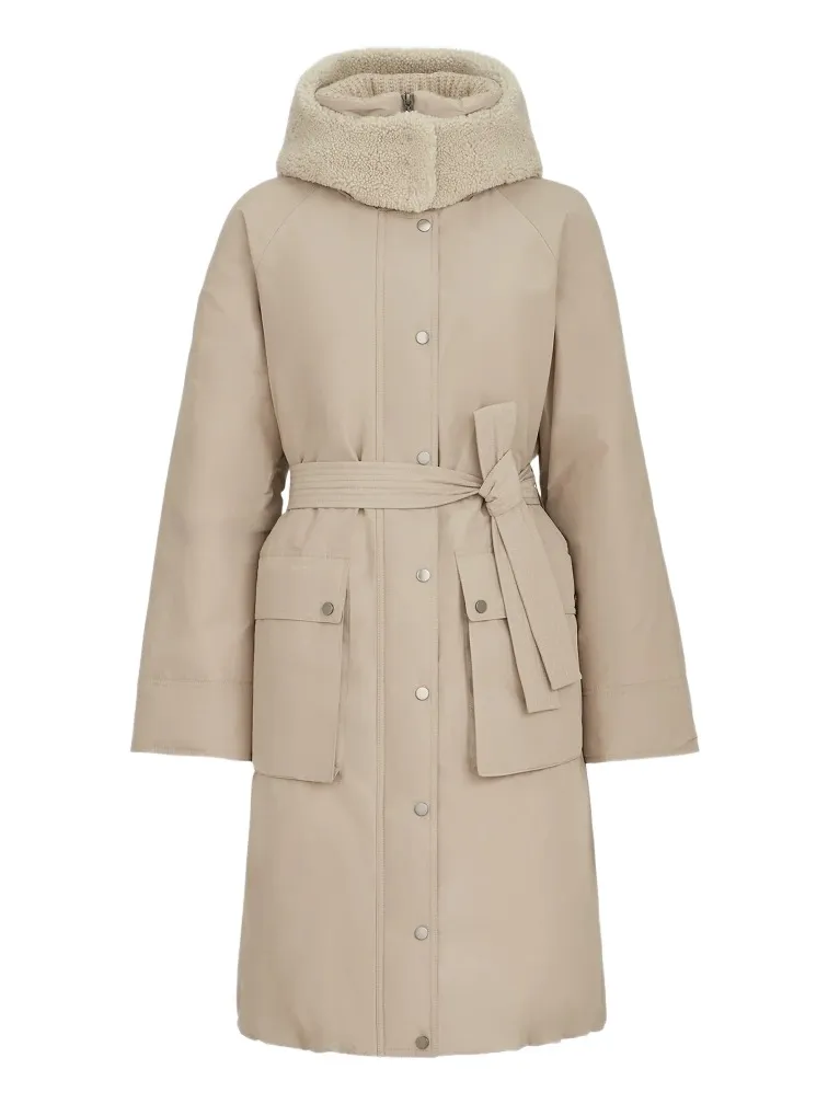 Women's Techno Cotton Taffeta Belted Down Coat with Detachable Shearling Hood Women's Techno Cotton Taffeta Belted Down Coat with Detachable Shearling Hood