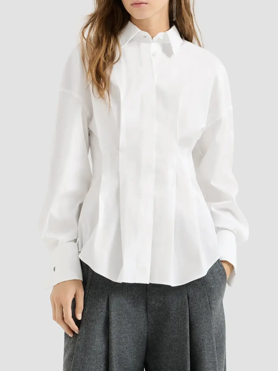 Brunello Cucinelli Women's Stretch Cotton Poplin Pleated Shirt | Thumbnail 3 Brunello Cucinelli Women's Stretch Cotton Poplin Pleated Shirt | Thumbnail 3