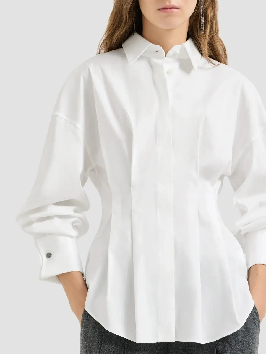 Brunello Cucinelli Women's Stretch Cotton Poplin Pleated Shirt | Thumbnail 5 Brunello Cucinelli Women's Stretch Cotton Poplin Pleated Shirt | Thumbnail 5