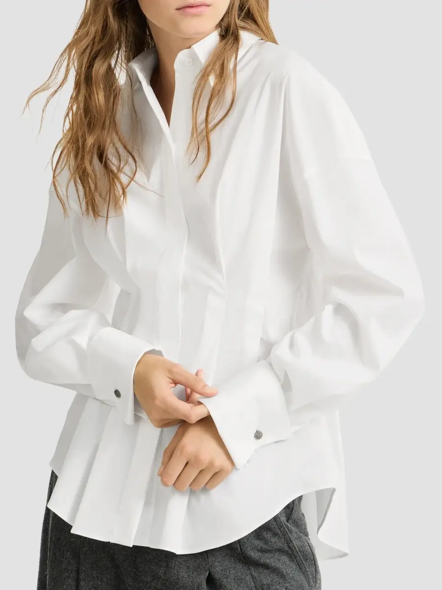 Brunello Cucinelli Women's Stretch Cotton Poplin Pleated Shirt | Thumbnail 6 Brunello Cucinelli Women's Stretch Cotton Poplin Pleated Shirt | Thumbnail 6