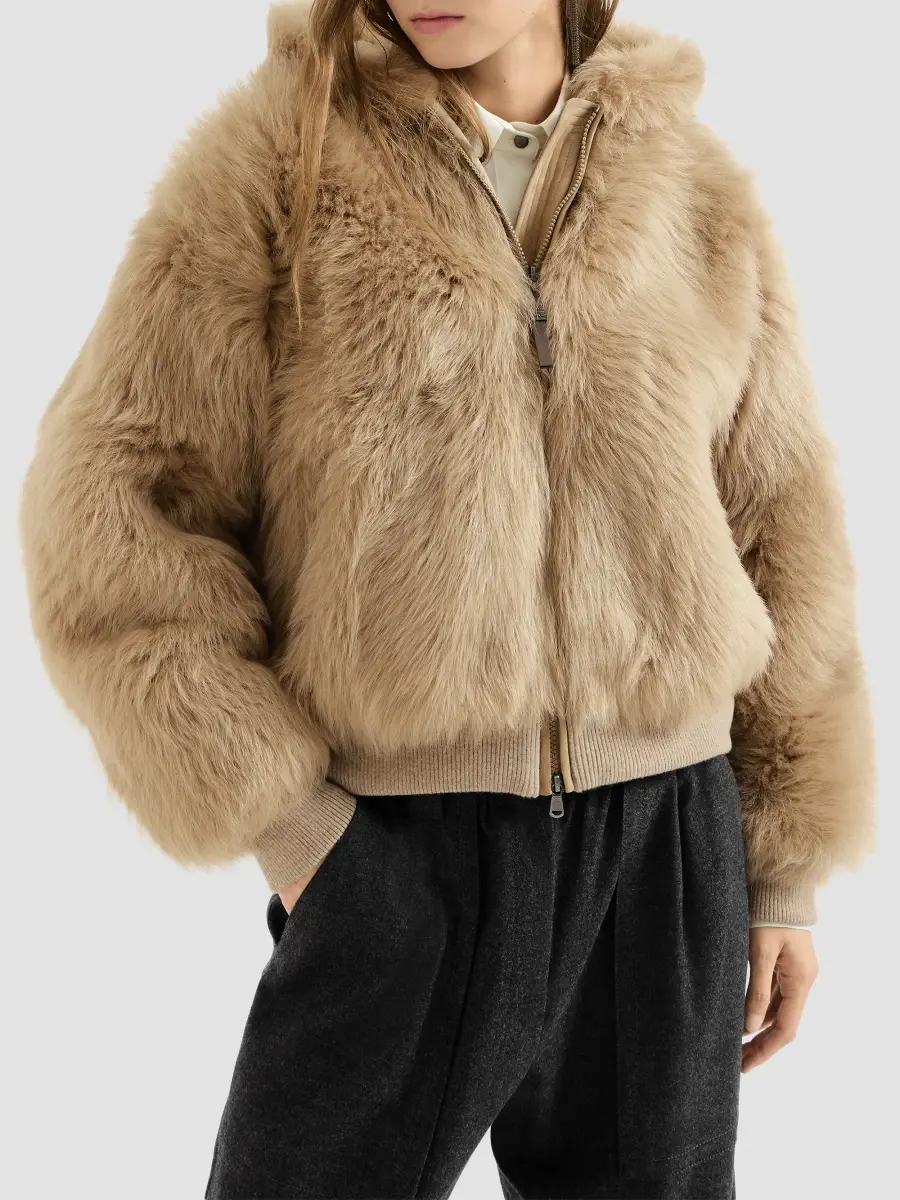 Brunello Cucinelli Women's Lux Shearling Padded Outerwear Coat with Shiny Zipper Pull | Thumbnail 3 Brunello Cucinelli Women's Lux Shearling Padded Outerwear Coat with Shiny Zipper Pull | Thumbnail 3