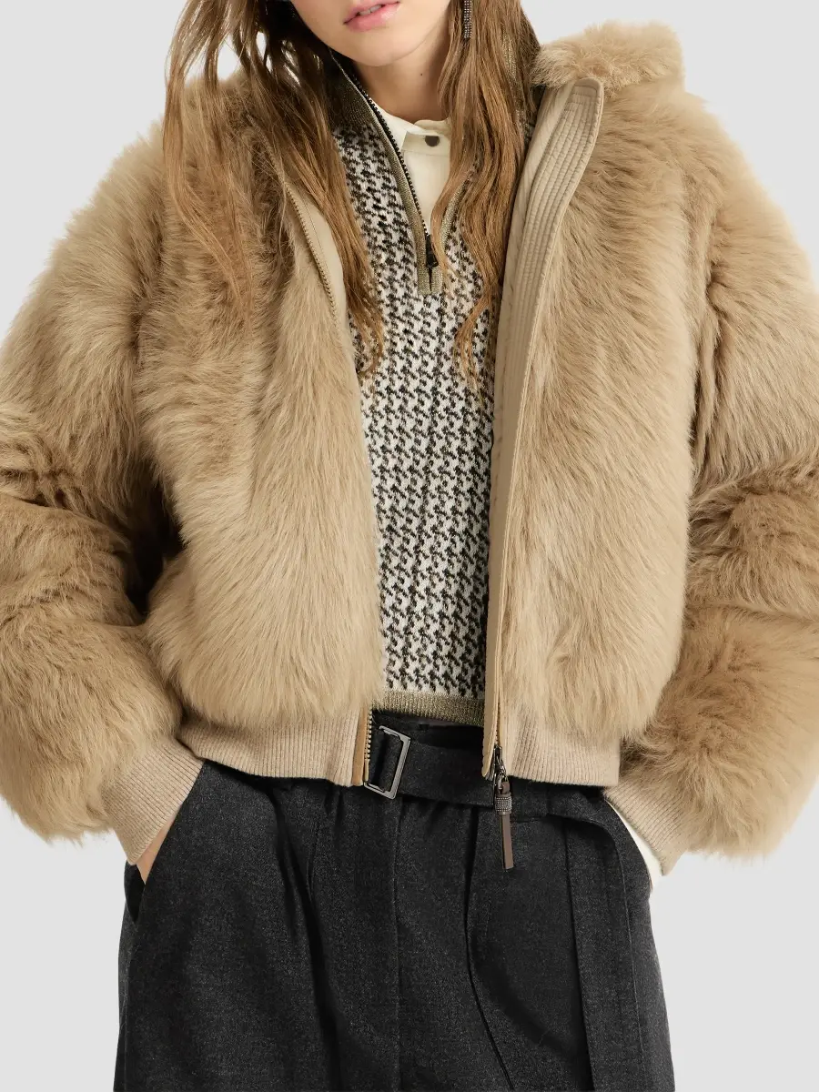 Brunello Cucinelli Women's Lux Shearling Padded Outerwear Coat with Shiny Zipper Pull | Thumbnail 6 Brunello Cucinelli Women's Lux Shearling Padded Outerwear Coat with Shiny Zipper Pull | Thumbnail 6