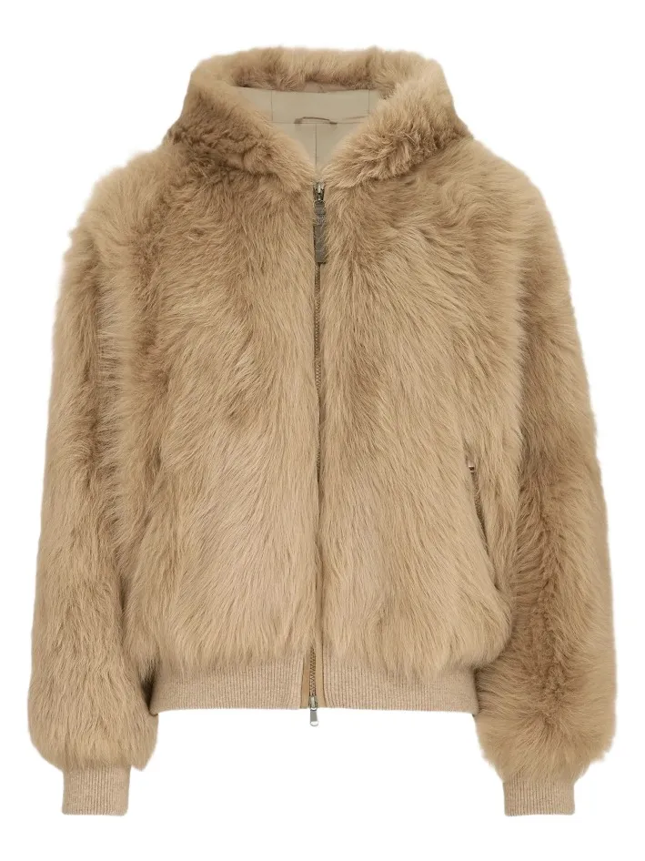 Brunello Cucinelli Women's Lux Shearling Padded Outerwear Coat with Shiny Zipper Pull