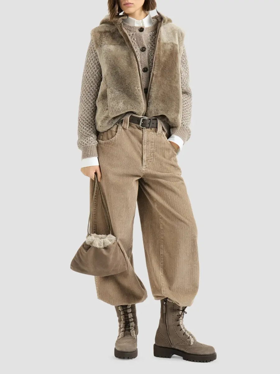 Brunello Cucinelli Women's Cotton Corduroy Baggy Trousers with Monili - Beige | Thumbnail 2