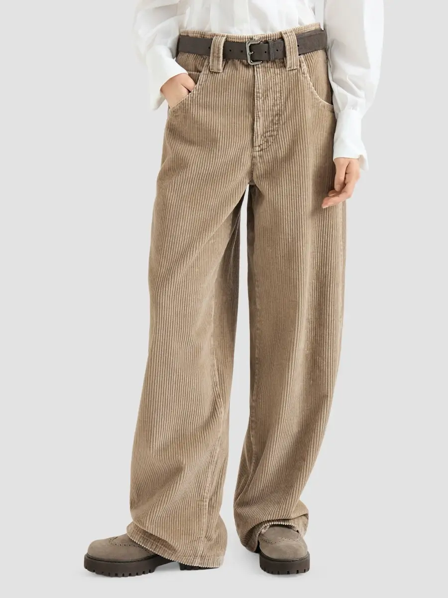 Brunello Cucinelli Women's Cotton Corduroy Baggy Trousers with Monili - Beige | Thumbnail 3