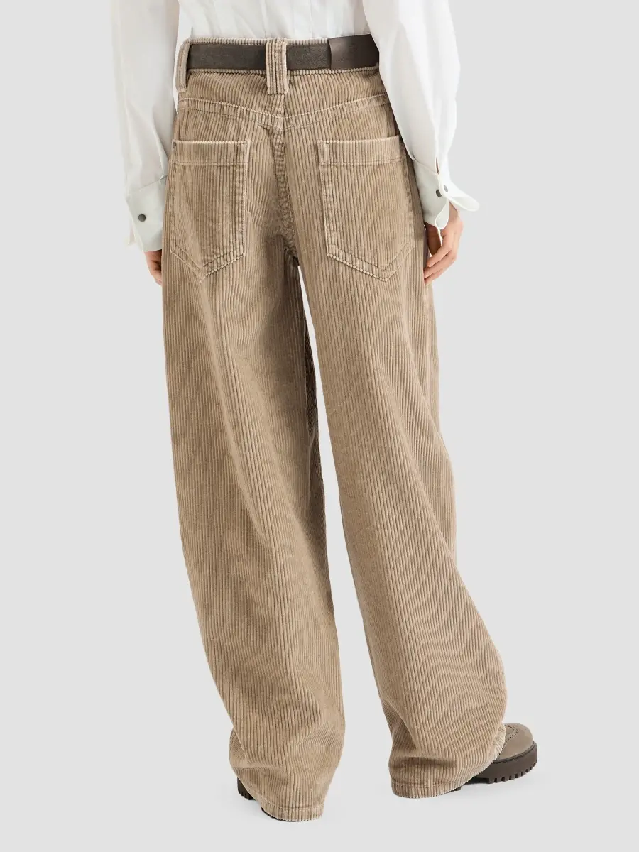 Brunello Cucinelli Women's Cotton Corduroy Baggy Trousers with Monili - Beige | Thumbnail 4