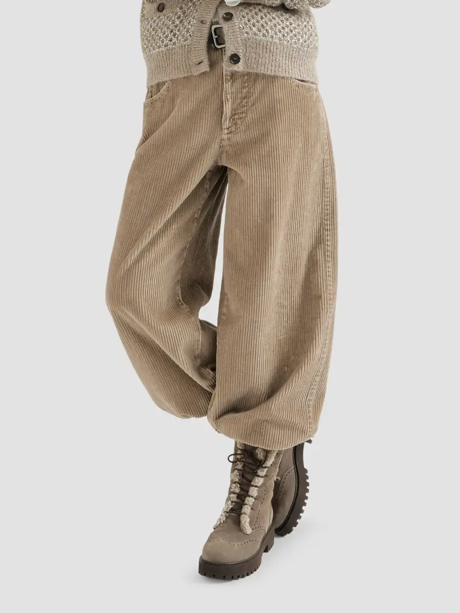Brunello Cucinelli Women's Cotton Corduroy Baggy Trousers with Monili - Beige | Thumbnail 6
