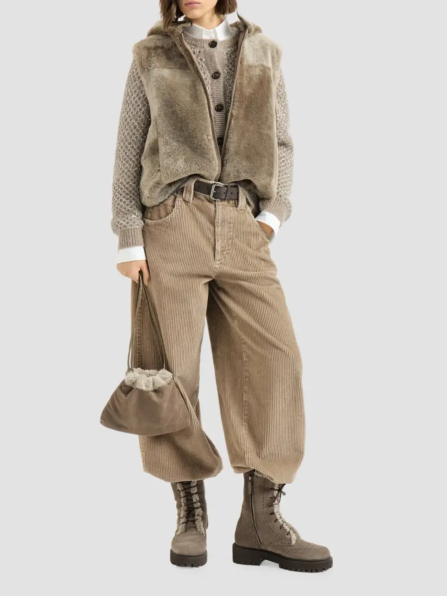 Brunello Cucinelli Women's Cotton Corduroy Baggy Trousers with Monili - Beige | Thumbnail 7