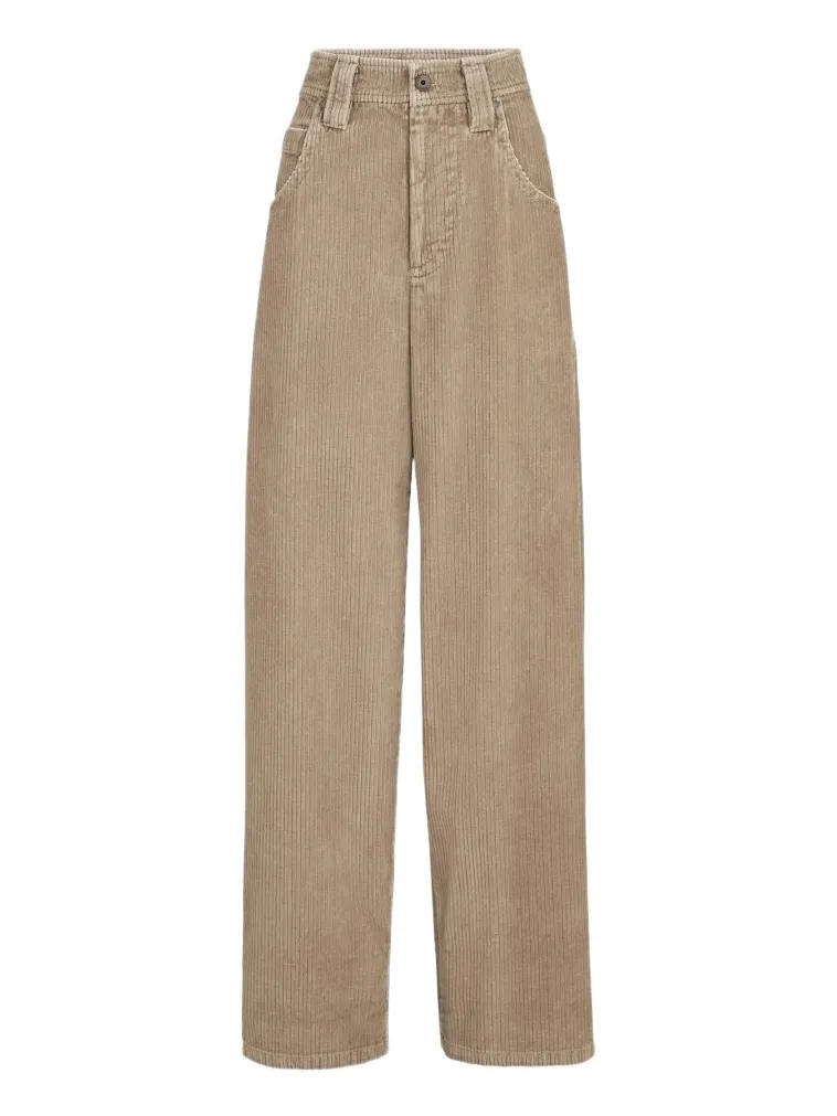 Women's Cotton Corduroy Baggy Trousers with Monili - Beige Women's Cotton Corduroy Baggy Trousers with Monili - Beige