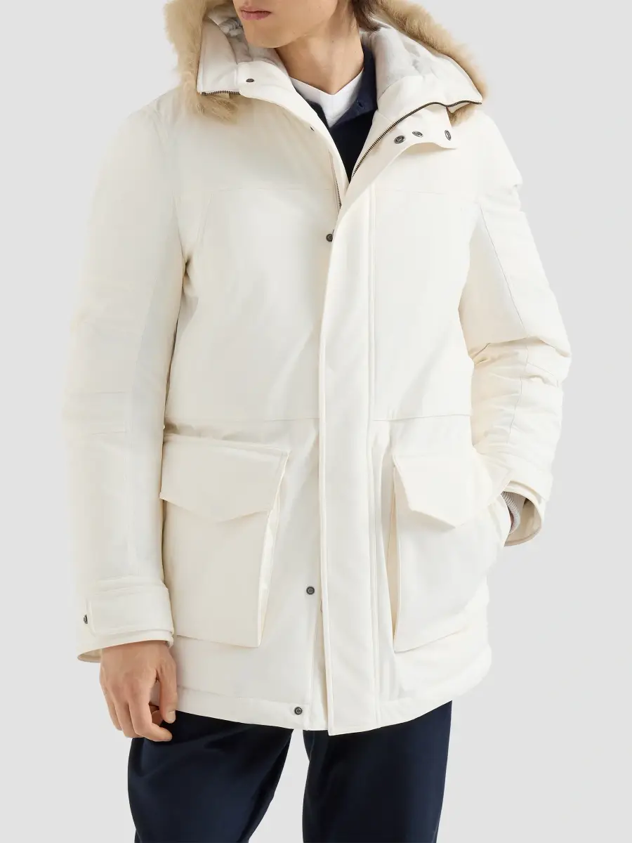 Brunello Cucinelli Men's Stretch Bonded Nylon Parka Jacket with Thermore Padding - Off White | Thumbnail 2 Brunello Cucinelli Men's Stretch Bonded Nylon Parka Jacket with Thermore Padding - Off White | Thumbnail 2