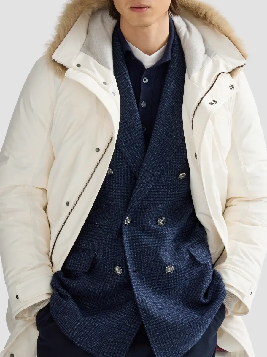 Brunello Cucinelli Men's Stretch Bonded Nylon Parka Jacket with Thermore Padding - Off White | Thumbnail 4 Brunello Cucinelli Men's Stretch Bonded Nylon Parka Jacket with Thermore Padding - Off White | Thumbnail 4