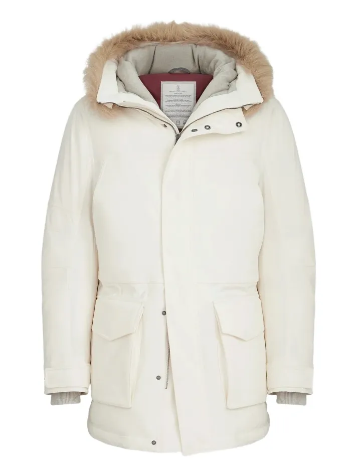Brunello Cucinelli Men's Stretch Bonded Nylon Parka Jacket with Thermore Padding - Off White