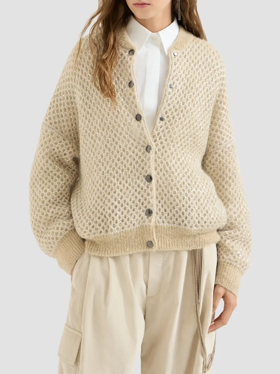 Brunello Cucinelli Women's Dazzling Net Knit Bomber Jacket in Mohair - Cream | Thumbnail 2 Brunello Cucinelli Women's Dazzling Net Knit Bomber Jacket in Mohair - Cream | Thumbnail 2