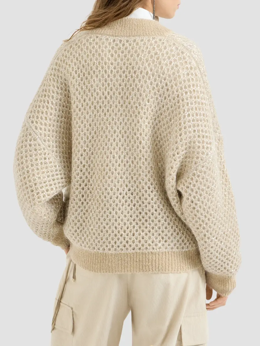 Brunello Cucinelli Women's Dazzling Net Knit Bomber Jacket in Mohair - Cream | Thumbnail 3 Brunello Cucinelli Women's Dazzling Net Knit Bomber Jacket in Mohair - Cream | Thumbnail 3