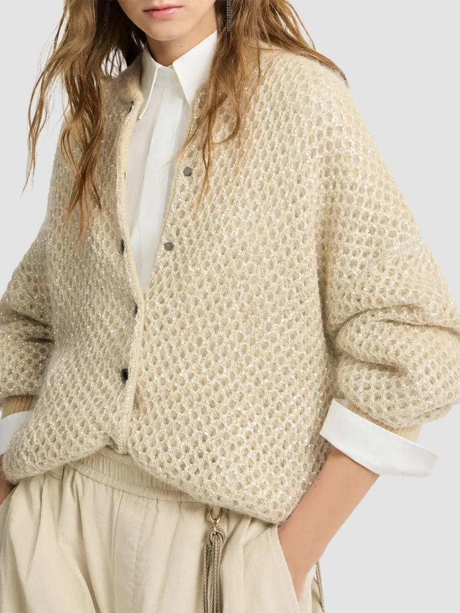 Brunello Cucinelli Women's Dazzling Net Knit Bomber Jacket in Mohair - Cream | Thumbnail 4 Brunello Cucinelli Women's Dazzling Net Knit Bomber Jacket in Mohair - Cream | Thumbnail 4