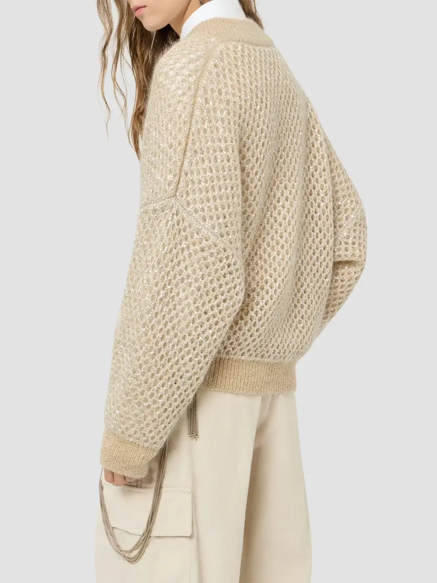 Brunello Cucinelli Women's Dazzling Net Knit Bomber Jacket in Mohair - Cream | Thumbnail 5 Brunello Cucinelli Women's Dazzling Net Knit Bomber Jacket in Mohair - Cream | Thumbnail 5