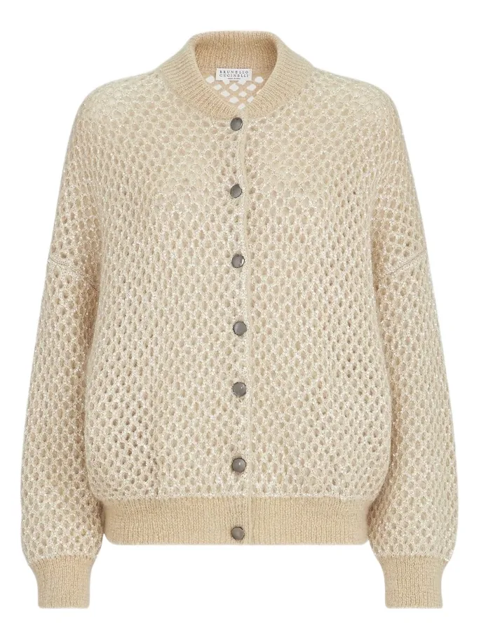 Brunello Cucinelli Women's Dazzling Net Knit Bomber Jacket in Mohair - Cream