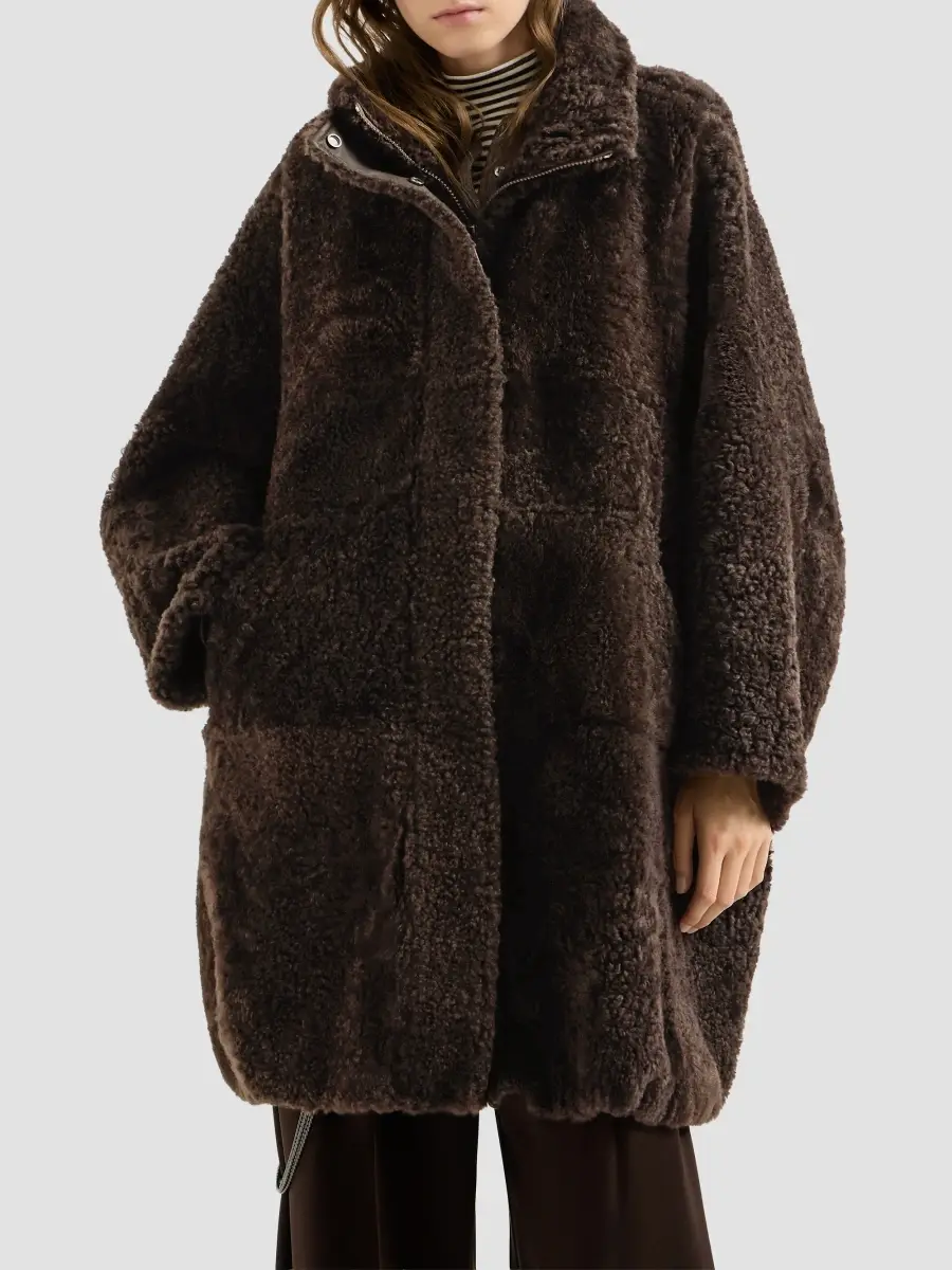 Brunello Cucinelli Women's Fuzzy Shearling Coat With Shiny Zipper Pull | Thumbnail 2 Brunello Cucinelli Women's Fuzzy Shearling Coat With Shiny Zipper Pull | Thumbnail 2
