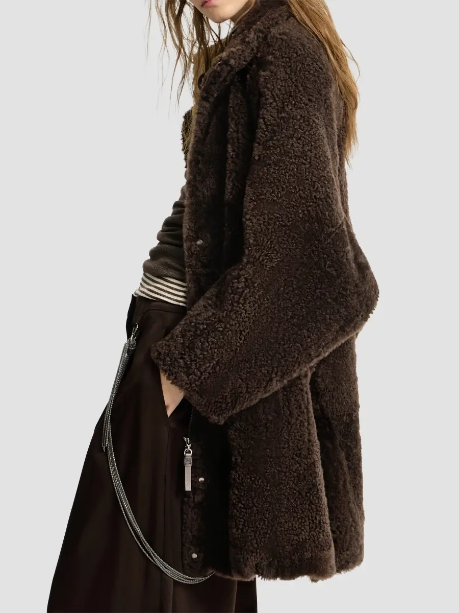 Brunello Cucinelli Women's Fuzzy Shearling Coat With Shiny Zipper Pull | Thumbnail 3 Brunello Cucinelli Women's Fuzzy Shearling Coat With Shiny Zipper Pull | Thumbnail 3