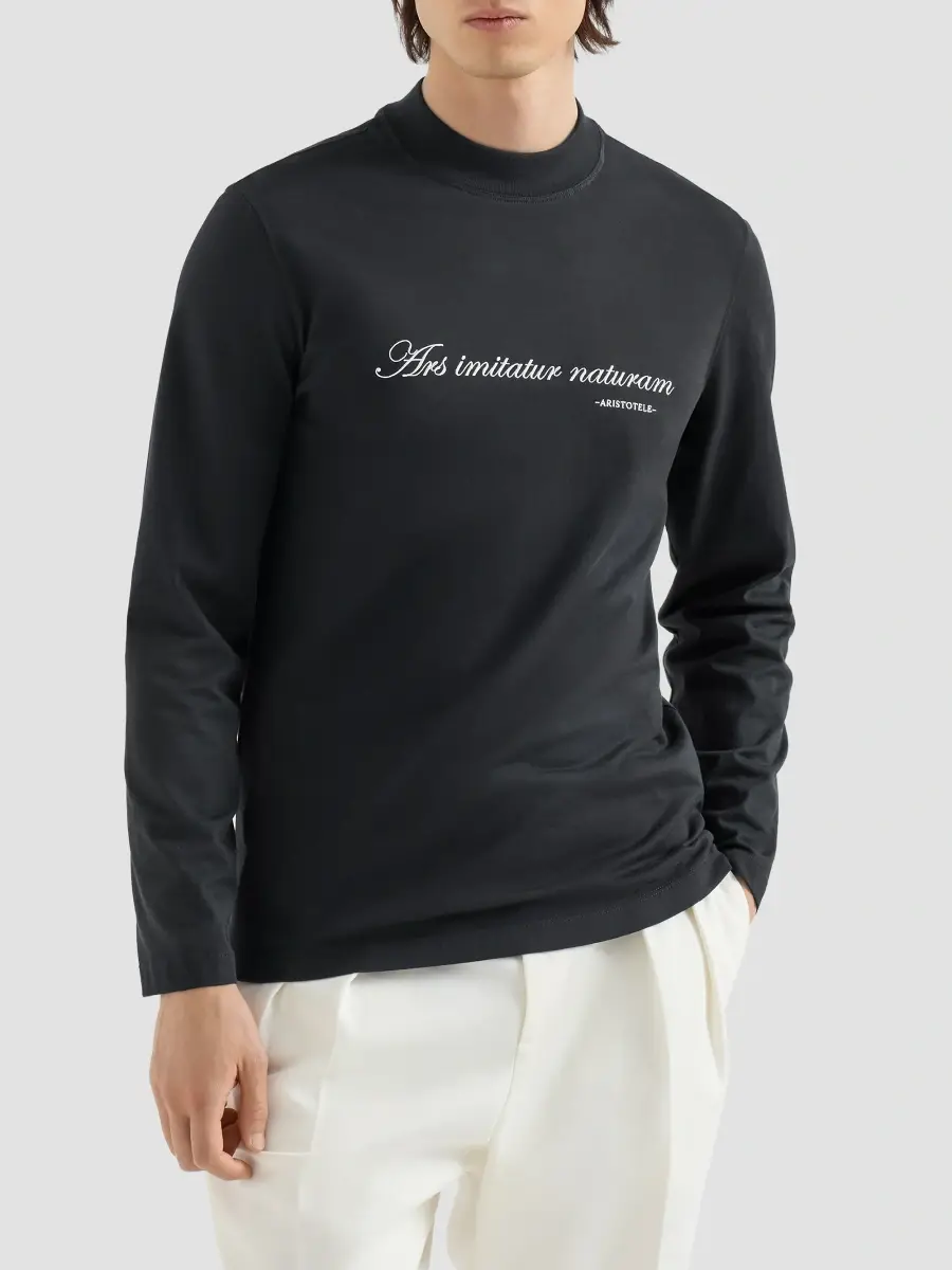 Brunello Cucinelli Men's Cotton Jersey Long Sleeve Mock Neck T-Shirt | Thumbnail 2 Brunello Cucinelli Men's Cotton Jersey Long Sleeve Mock Neck T-Shirt | Thumbnail 2