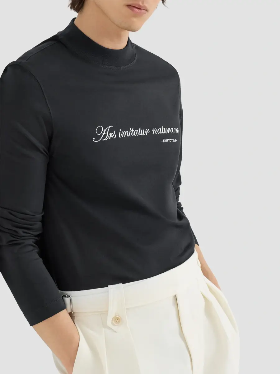 Brunello Cucinelli Men's Cotton Jersey Long Sleeve Mock Neck T-Shirt | Thumbnail 4 Brunello Cucinelli Men's Cotton Jersey Long Sleeve Mock Neck T-Shirt | Thumbnail 4