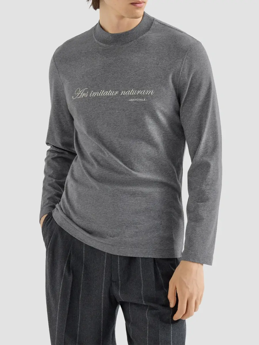 Brunello Cucinelli Men's Cotton Jersey Long Sleeve Mock Neck T-Shirt | Thumbnail 2 Brunello Cucinelli Men's Cotton Jersey Long Sleeve Mock Neck T-Shirt | Thumbnail 2
