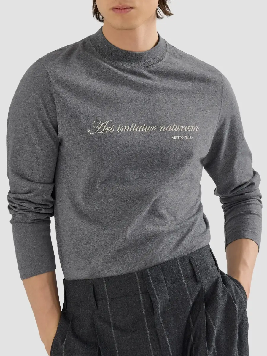 Brunello Cucinelli Men's Cotton Jersey Long Sleeve Mock Neck T-Shirt | Thumbnail 4 Brunello Cucinelli Men's Cotton Jersey Long Sleeve Mock Neck T-Shirt | Thumbnail 4
