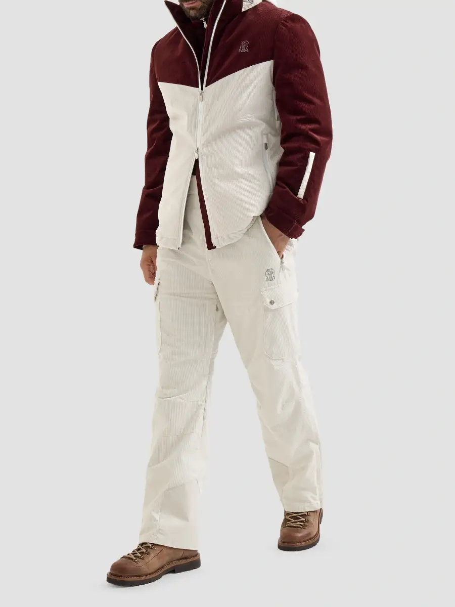 Brunello Cucinelli Men's Bonded Corduroy Mountain Trousers with Thermore Padding, Cargo Pockets and Logo - White | Thumbnail 2 Brunello Cucinelli Men's Bonded Corduroy Mountain Trousers with Thermore Padding, Cargo Pockets and Logo - White | Thumbnail 2
