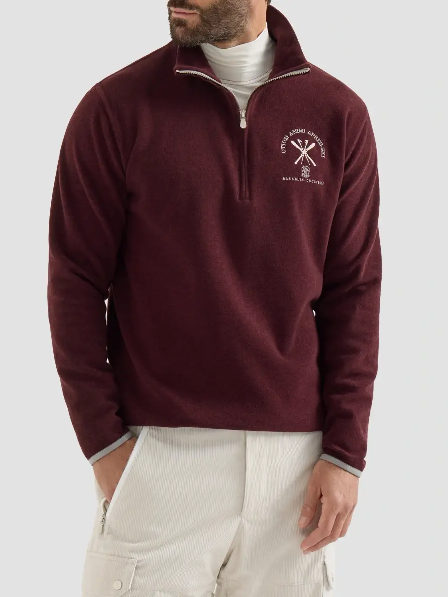 Brunello Cucinelli Men's Techno Cashmere and Cotton Sweatshirt with Half Zip - Burgundy | Thumbnail 3 Brunello Cucinelli Men's Techno Cashmere and Cotton Sweatshirt with Half Zip - Burgundy | Thumbnail 3