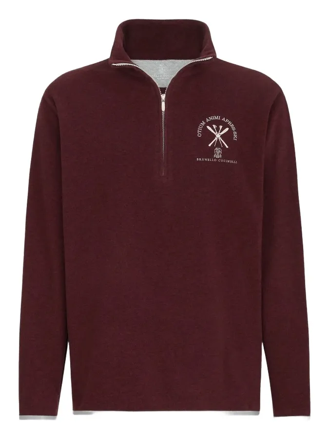 Brunello Cucinelli Men's Techno Cashmere and Cotton Sweatshirt with Half Zip - Burgundy