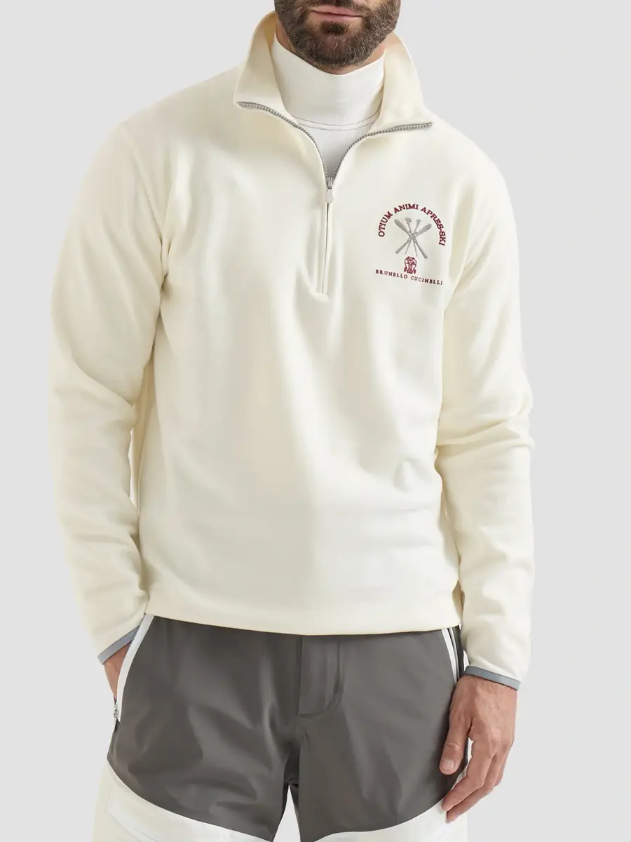 Brunello Cucinelli Men's Techno Cashmere and Cotton Sweatshirt with Half Zip - Panama | Thumbnail 3 Brunello Cucinelli Men's Techno Cashmere and Cotton Sweatshirt with Half Zip - Panama | Thumbnail 3