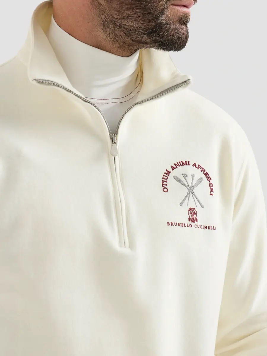 Brunello Cucinelli Men's Techno Cashmere and Cotton Sweatshirt with Half Zip - Panama | Thumbnail 5 Brunello Cucinelli Men's Techno Cashmere and Cotton Sweatshirt with Half Zip - Panama | Thumbnail 5