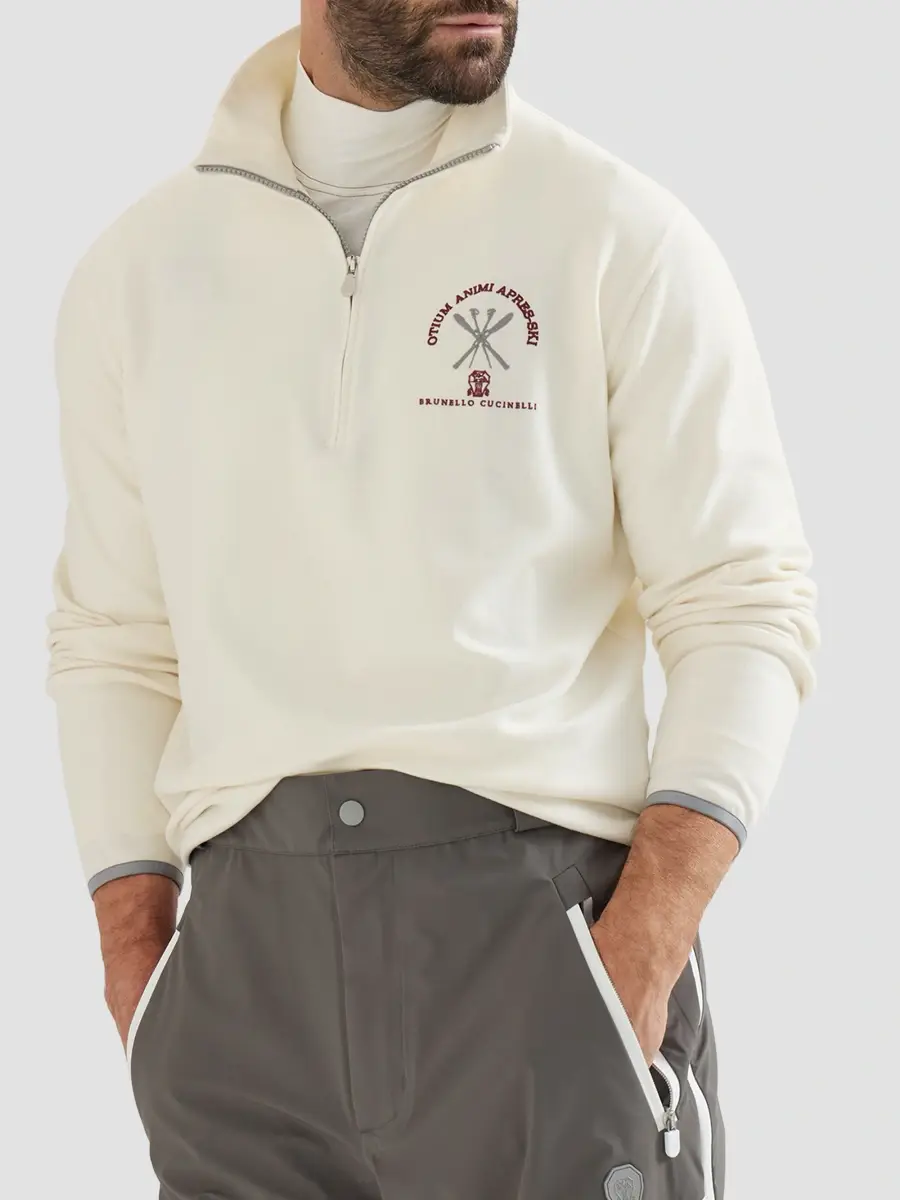 Brunello Cucinelli Men's Techno Cashmere and Cotton Sweatshirt with Half Zip - Panama | Thumbnail 6 Brunello Cucinelli Men's Techno Cashmere and Cotton Sweatshirt with Half Zip - Panama | Thumbnail 6