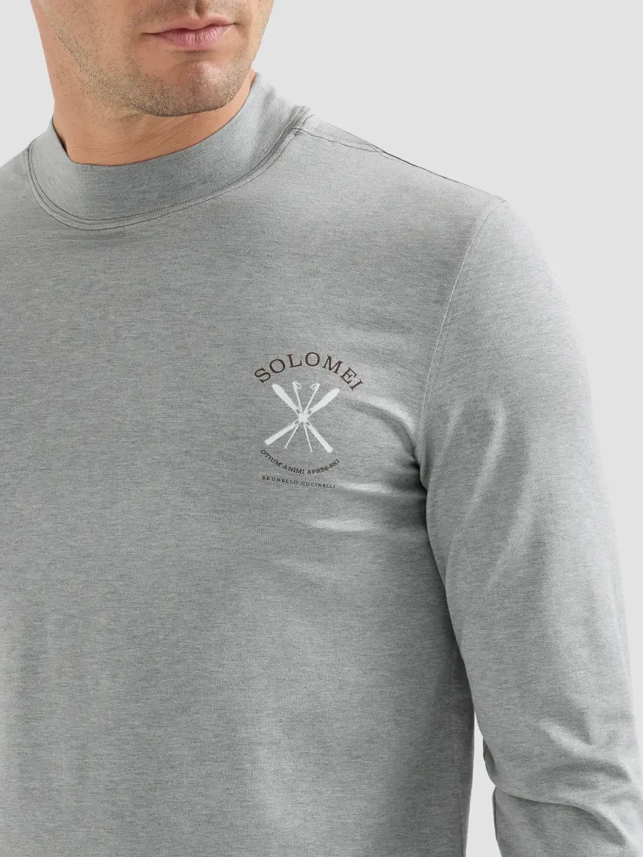 Brunello Cucinelli Men's Comfort Silk Jersey Long Sleeve T-Shirt with Embroidery - Medium Grey | Thumbnail 6