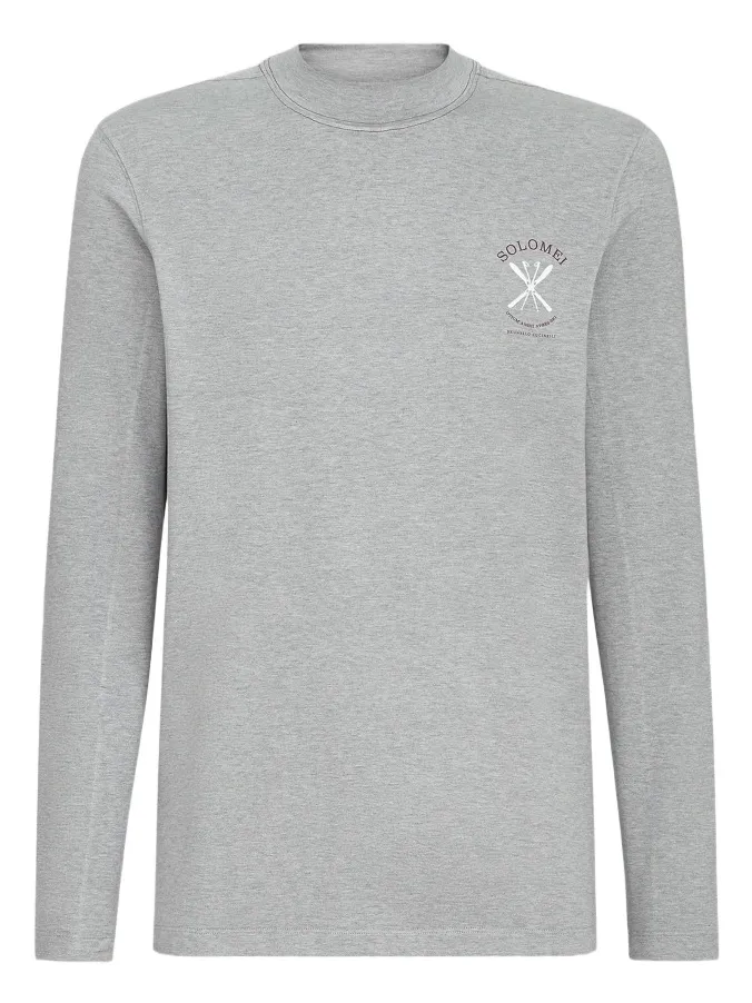 Brunello Cucinelli Men's Comfort Silk Jersey Long Sleeve T-Shirt with Embroidery - Medium Grey