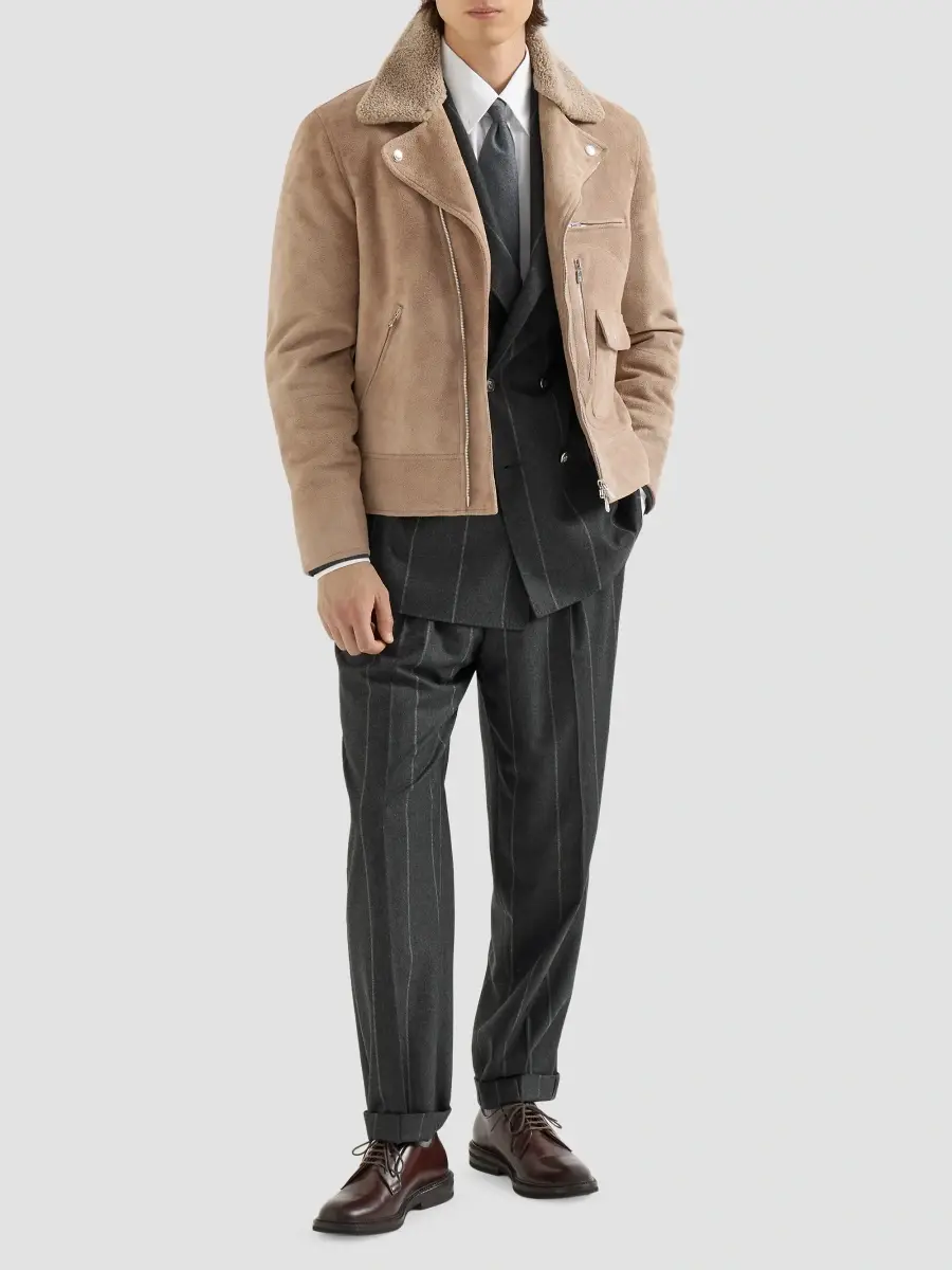 Brunello Cucinelli Men's Flannel One and A Half Breasted Tailor Blazer with Metal Buttons - Dark Grey | Thumbnail 2