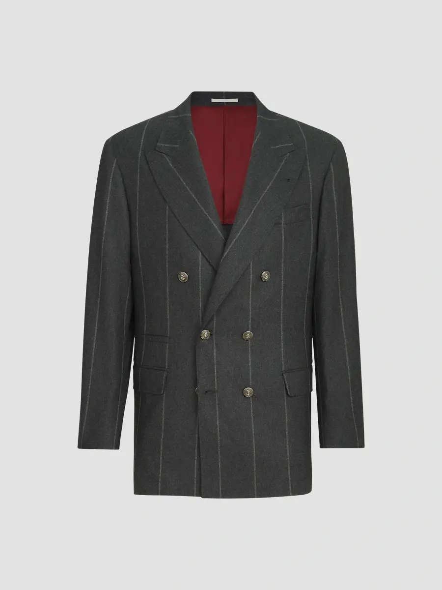 Brunello Cucinelli Men's Flannel One and A Half Breasted Tailor Blazer with Metal Buttons - Dark Grey | Thumbnail 3