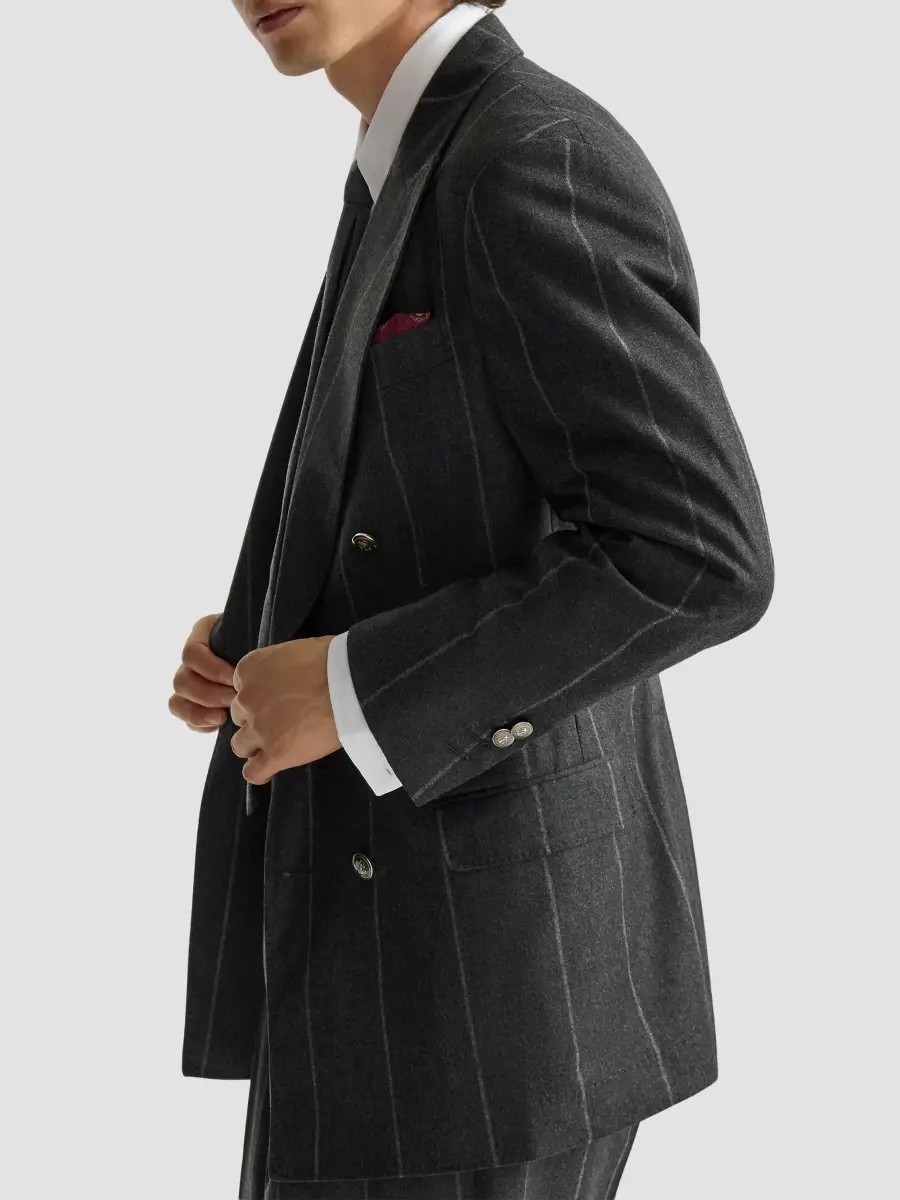Brunello Cucinelli Men's Flannel One and A Half Breasted Tailor Blazer with Metal Buttons - Dark Grey | Thumbnail 4