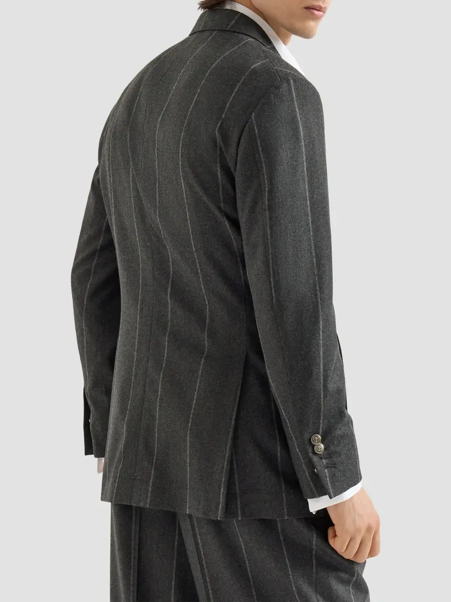 Brunello Cucinelli Men's Flannel One and A Half Breasted Tailor Blazer with Metal Buttons - Dark Grey | Thumbnail 5