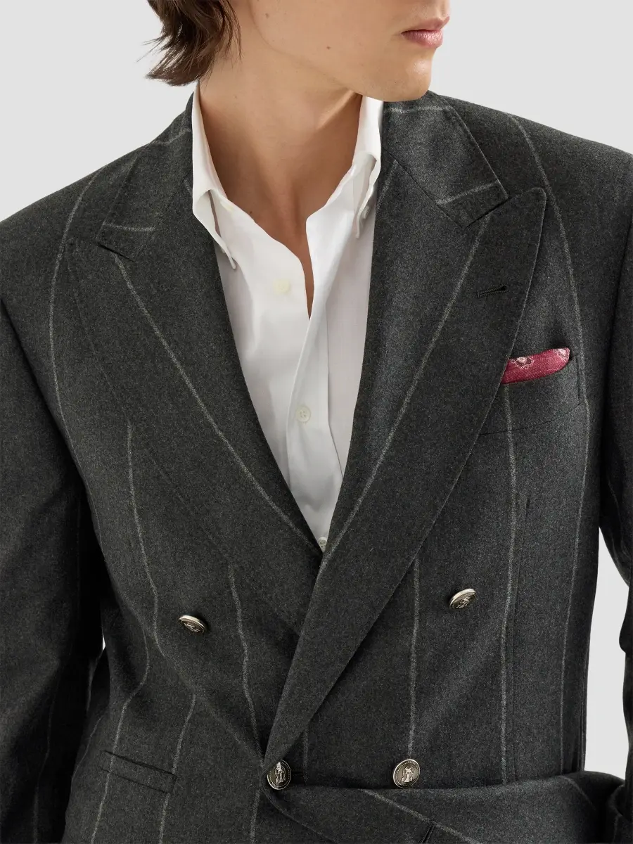 Brunello Cucinelli Men's Flannel One and A Half Breasted Tailor Blazer with Metal Buttons - Dark Grey | Thumbnail 6