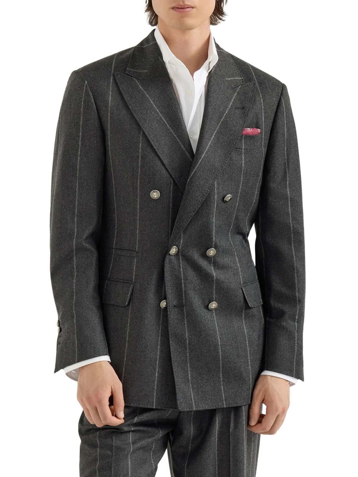 Brunello Cucinelli Men's Flannel One and A Half Breasted Tailor Blazer with Metal Buttons - Dark Grey