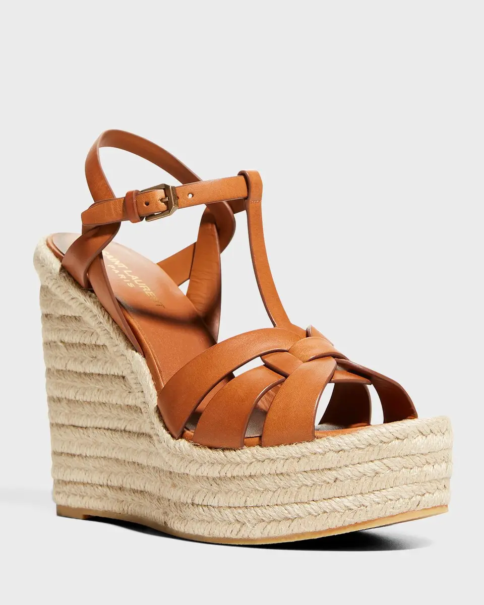 Saint Laurent Calfskin T-Strap Espadrille Platform Sandals | Thumbnail 2